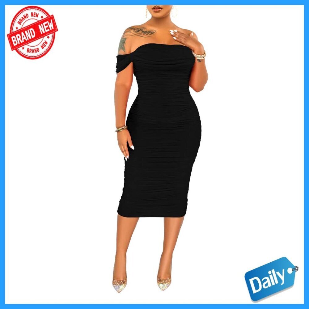 Ruched Off Shoulder Bodycon Midi Dress Elegant Party Night Out Stretchy